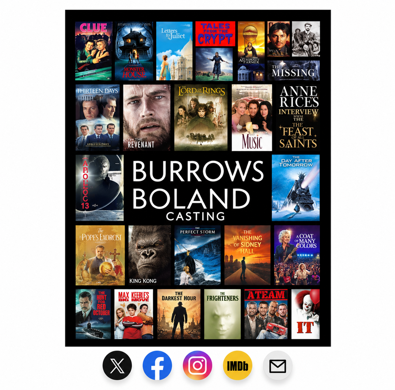 Burrows Boland Casting film poster collage with social and contact icons
